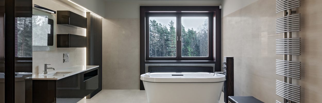 Interior of modern luxury minimalistic bathroom with window